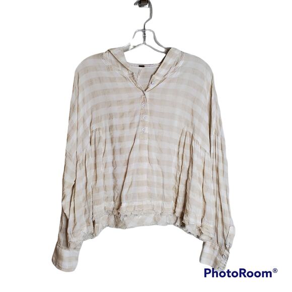Free People Let It All Go Gingham Check Hooded Swing Top XS Oversized Boho Fall - Picture 4 of 15